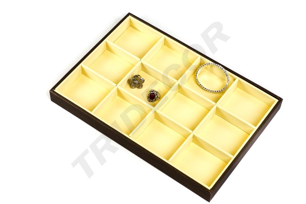 Bandeja expositora de joyas de cuero sintético de vainilla/chocolate 12 compartimentos