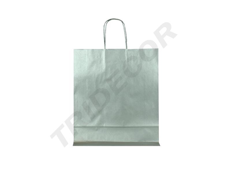 Bolsa de papel celulosa con asa torcida, color plata, 32X13X41 CM, 25 unidades
