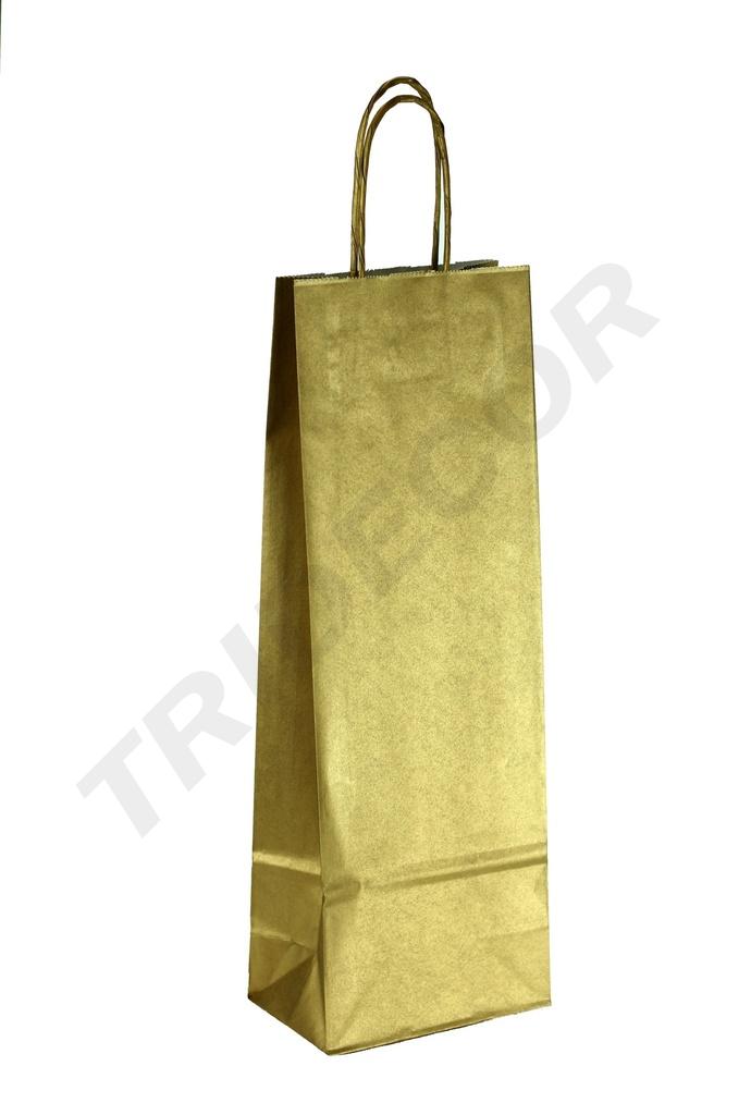 Bolsa de papel de celulosa dorada para botellas con asa rizada, tamaño 39X14+8,5cm, 25pcs