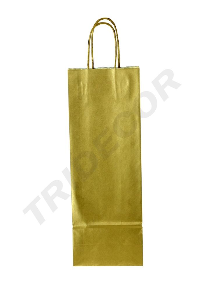 Bolsa de papel de celulosa dorada para botellas con asa rizada, tamaño 39X14+8,5cm, 25pcs