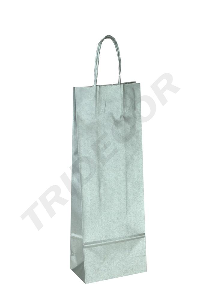 Bolsa de papel con asa de cordón de plata para botella de vino 36X13+8.5 cm 25 unidades