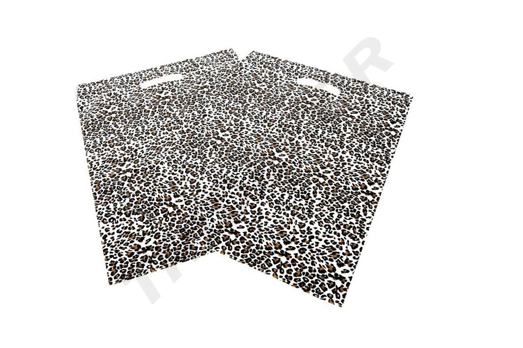 Bolsa de plástico con estampado de leopardo y asa troquelada, 50x60 cm, 100 piezas