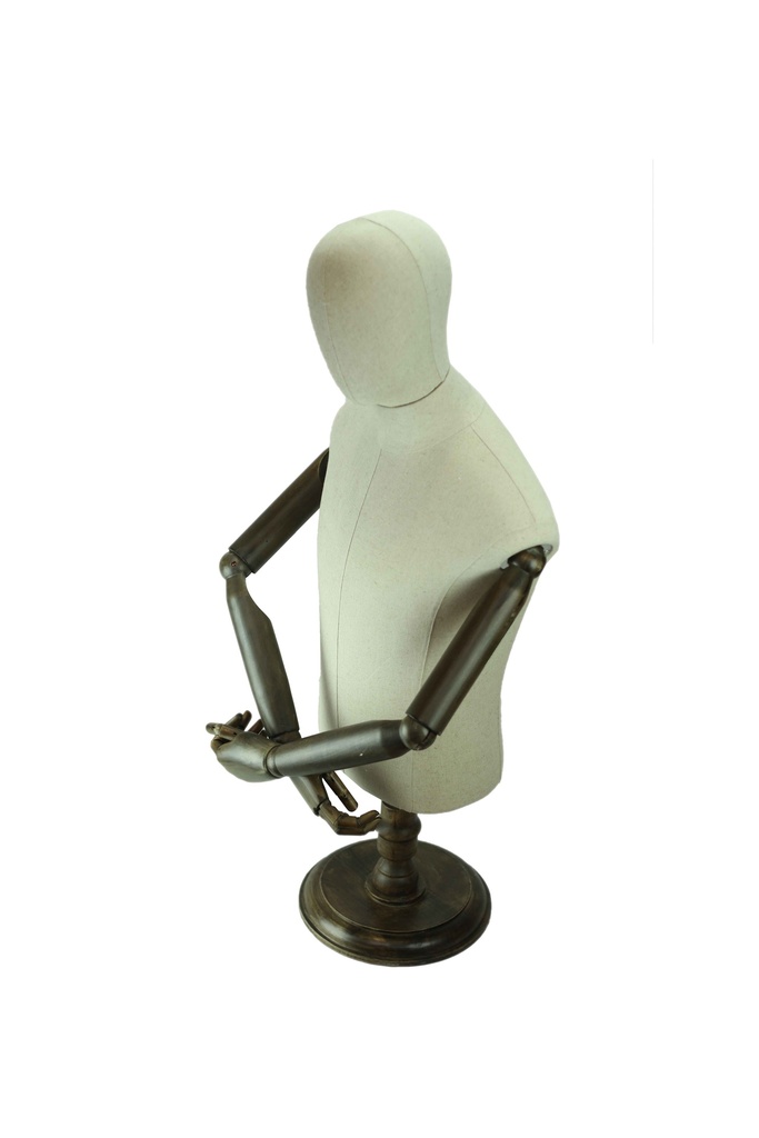 Busto masculino de lino con cabeza y brazos articulados, base de madera