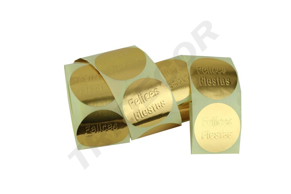 Pegatina Felices Fiestas Oro 4cm 250 Rollos