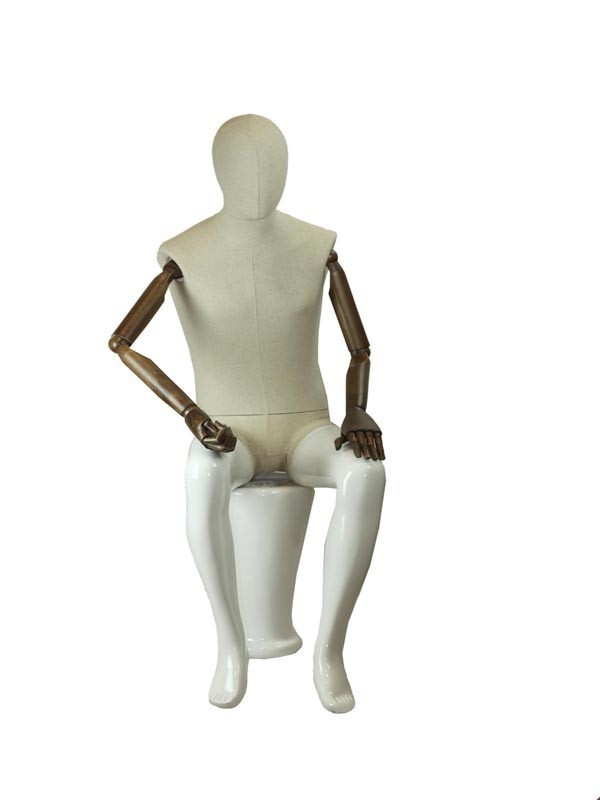 Maniquí de hombre sentado con brazos articulados de tela y fibra de vidrio blanco brillante