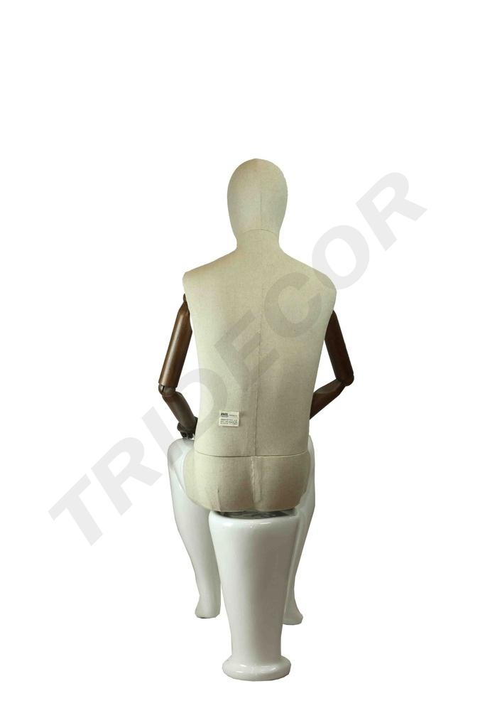 Maniquí de hombre sentado con brazos articulados de tela y fibra de vidrio blanco brillante