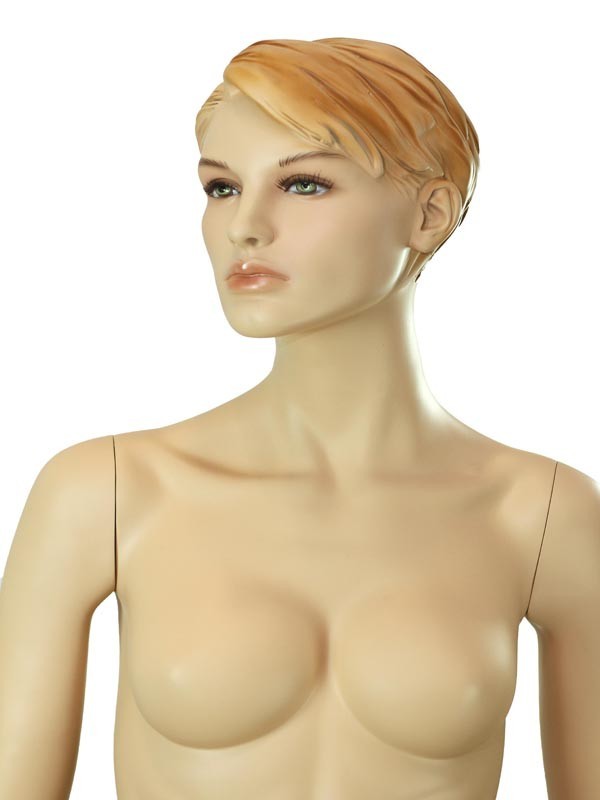 Maniquí femenino de fibra de vidrio con cabello tallado color carne