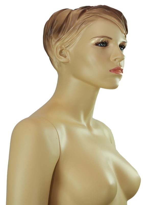 Maniquí femenino de fibra de vidrio color carne con cabello tallado