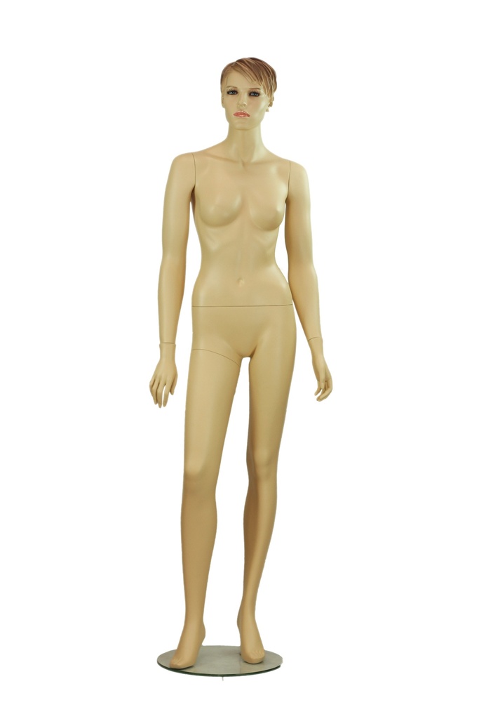 Maniquí femenino de fibra de vidrio color carne con cabello tallado