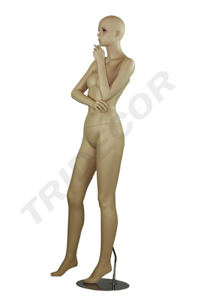 Maniquí femenino de fibra de vidrio color carne, postura pensativa