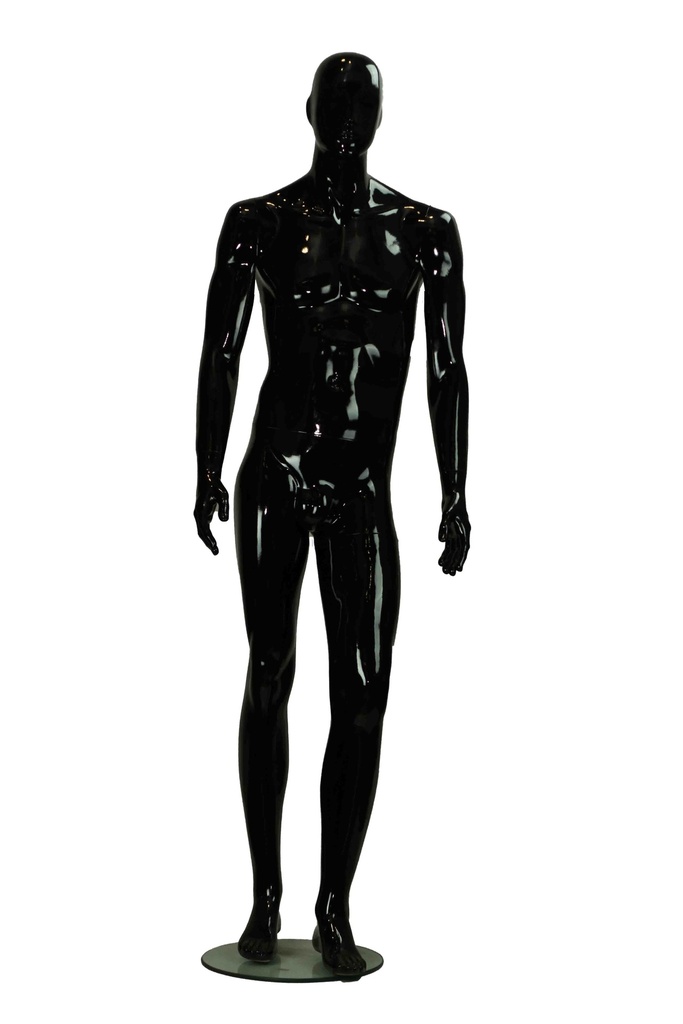 Maniquí Masculino Lacado en Negro Brillante con Características y Rodilla Doblada