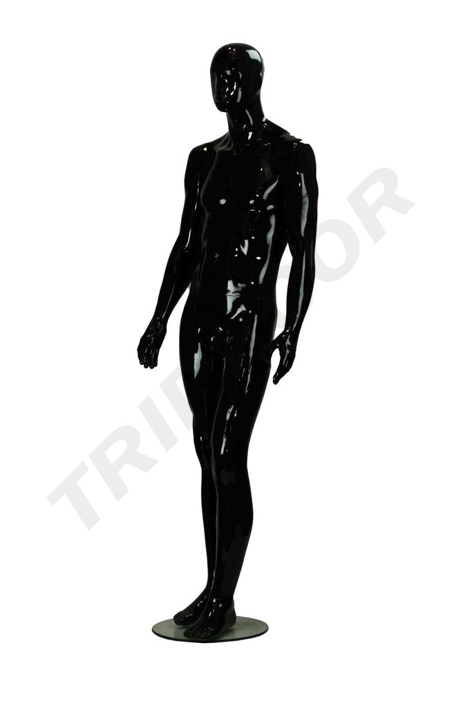 Maniquí Masculino Lacado en Negro Brillante con Características y Rodilla Doblada