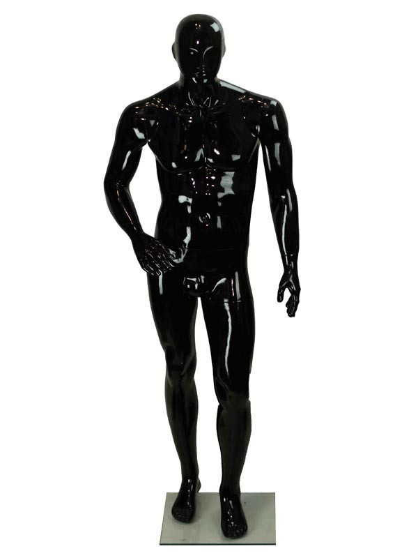 Maniquí Masculino de Fibra de Vidrio Negro Brillante con Características Teñidas