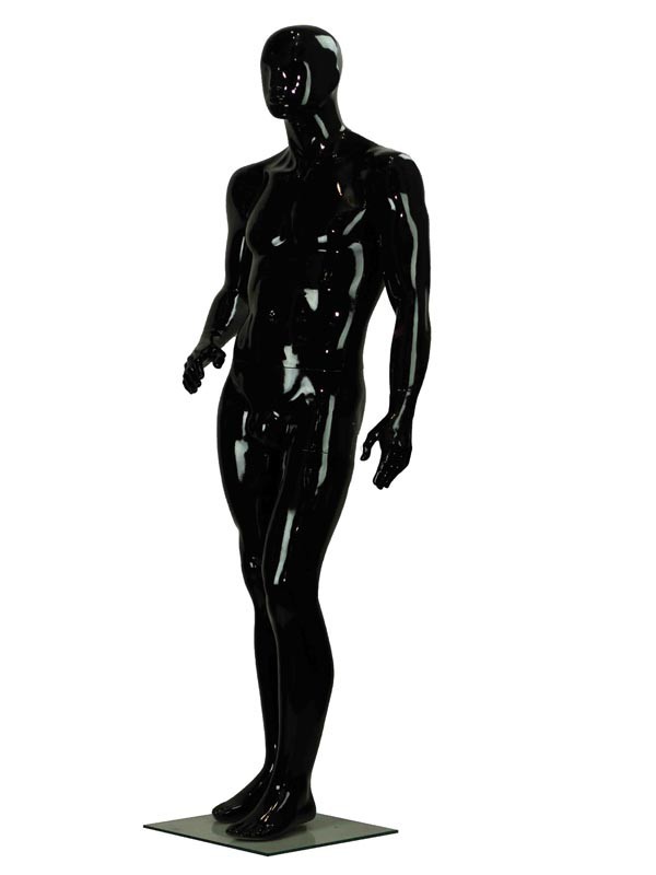 Maniquí Masculino de Fibra de Vidrio Negro Brillante con Características Teñidas