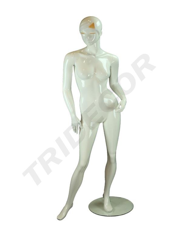 Maniquí de Mujer en Blanco Brillante con Pestañas y Detalles Dorados