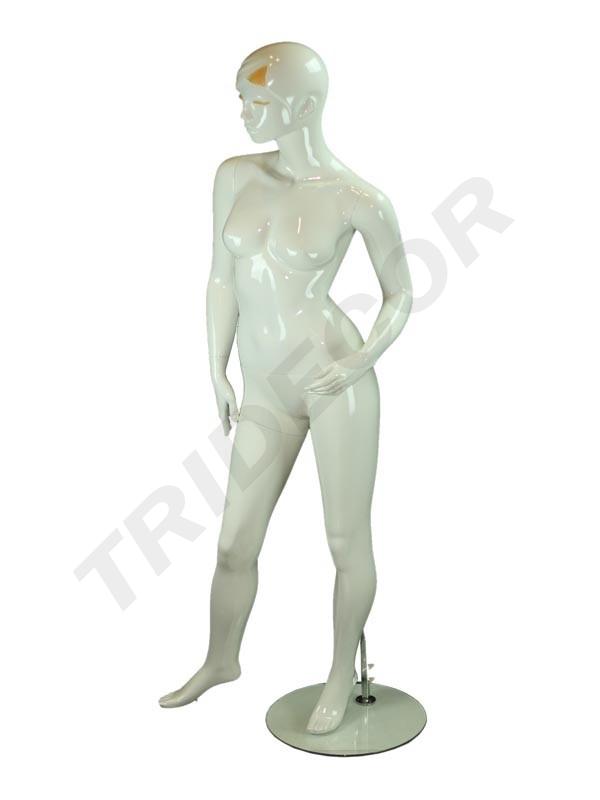 Maniquí de Mujer en Blanco Brillante con Pestañas y Detalles Dorados