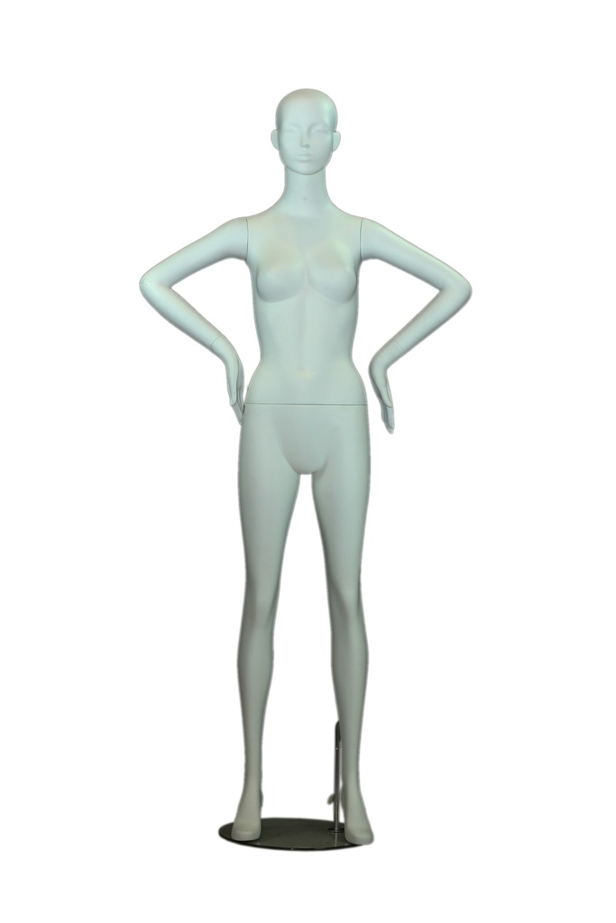 Maniquí femenino en blanco mate con cara y manos en las caderas