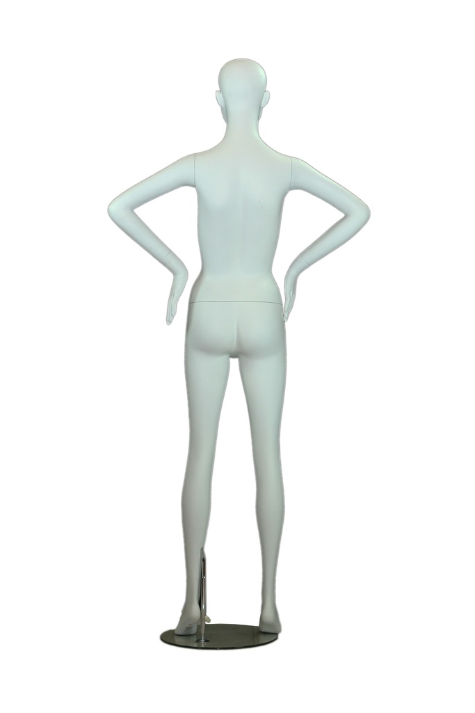 Maniquí femenino en blanco mate con cara y manos en las caderas