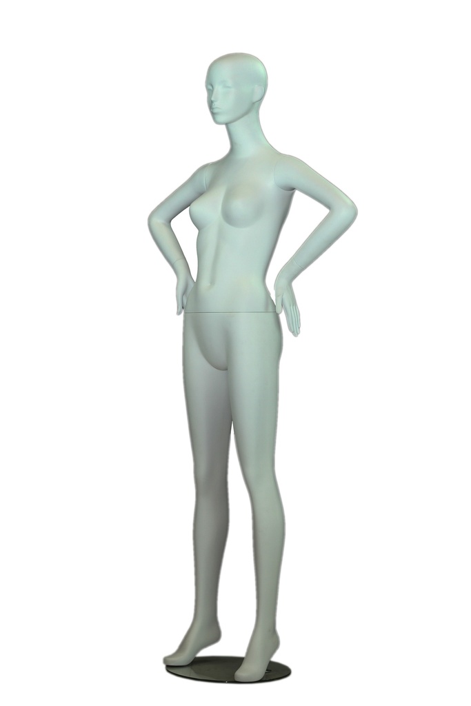 Maniquí femenino en blanco mate con cara y manos en las caderas