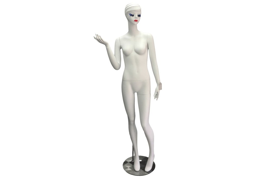 Maniquí femenino en blanco mate con pestañas azules y cabello esculpido