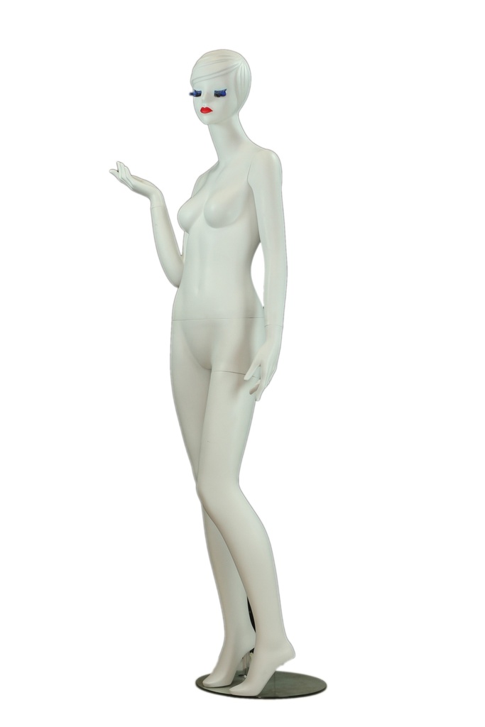 Maniquí femenino en blanco mate con pestañas azules y cabello esculpido