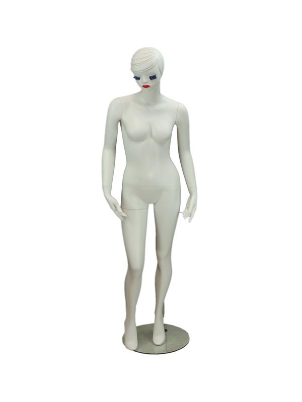 Maniquí femenino de fibra de vidrio blanco mate con pestañas azules y bios rojos