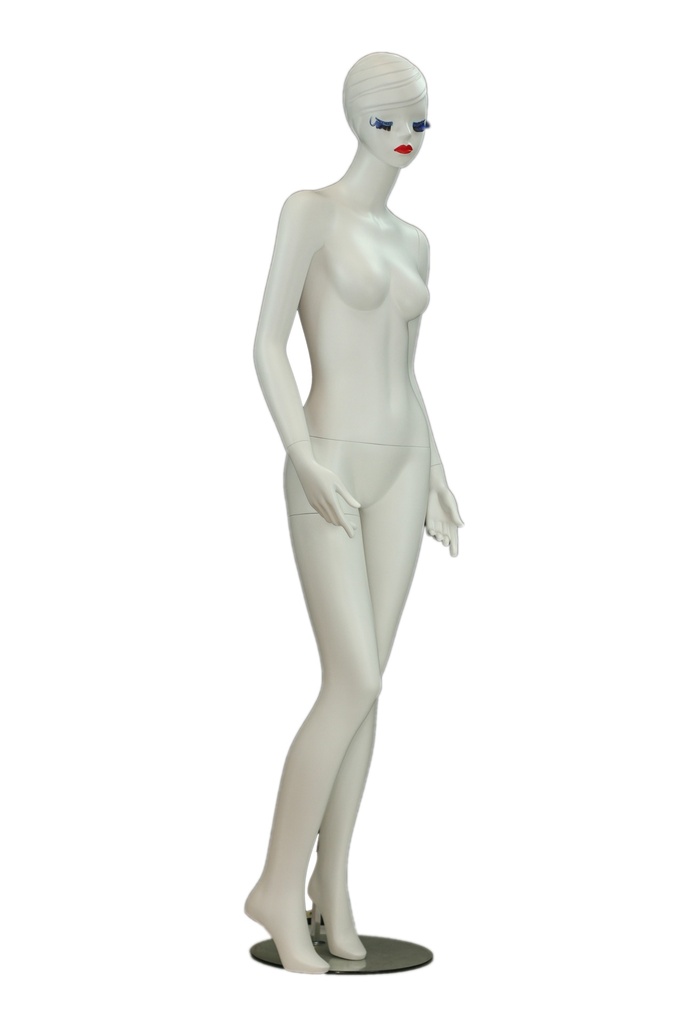 Maniquí femenino de fibra de vidrio blanco mate con pestañas azules y bios rojos