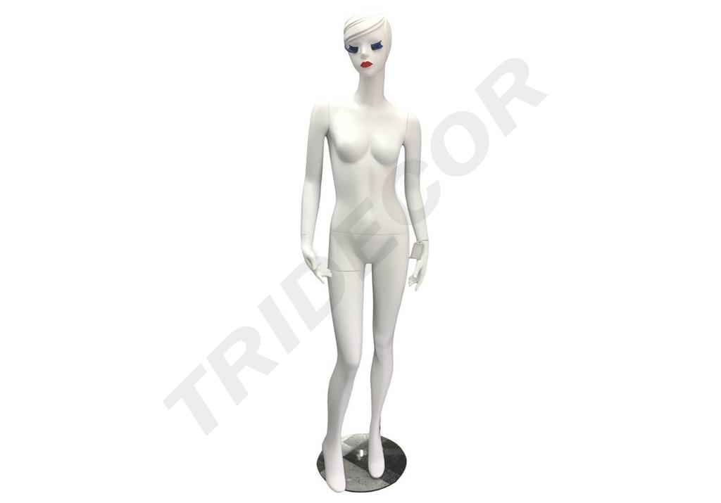 Maniquí femenino de fibra de vidrio blanco mate con pestañas azules y bios rojos