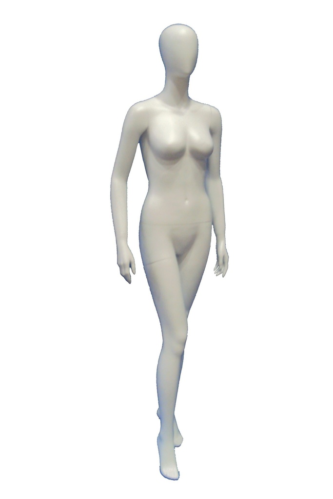 Maniquí femenino en blanco mate sin rostro con pie adelantado