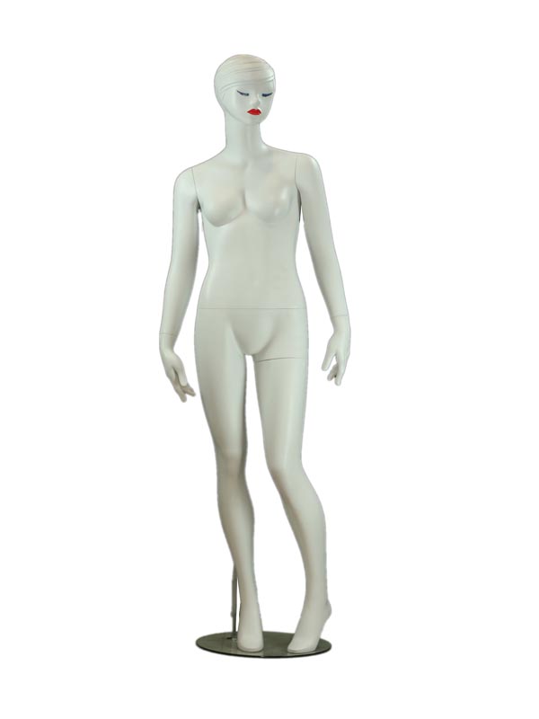 Maniquí femenino en blanco mate con pestañas azules y cabello esculpido