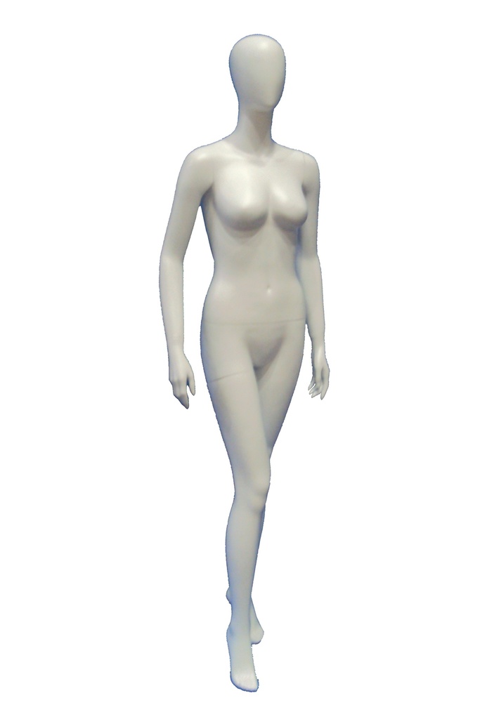 Maniquí femenino en blanco mate sin rostro con pie adelantado