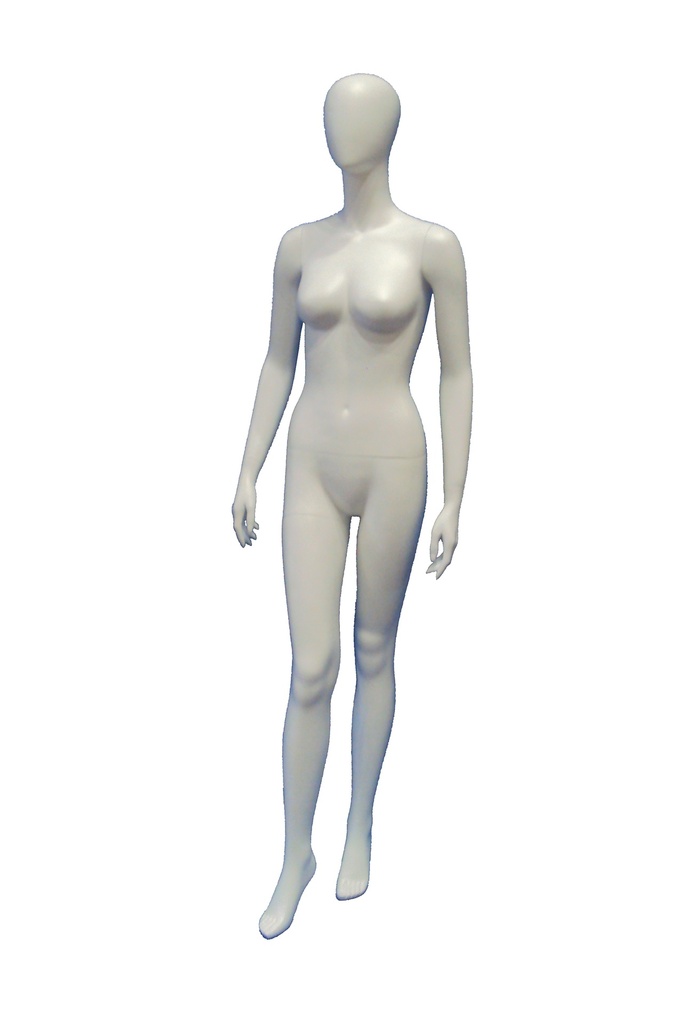 Maniquí femenino en blanco mate sin rostro con pie adelantado