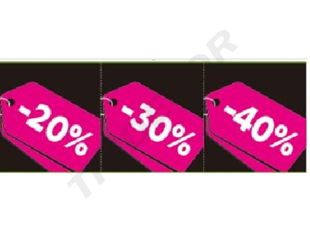 SEÑAL DE VENTA 40%, 30% y 20% FUCSIA SOBRE FONDO NEGRO