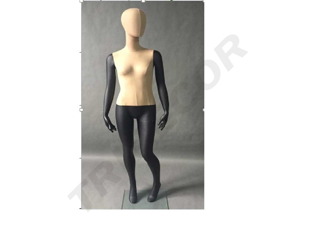 Maniquí femenino en negro mate y tela beige oscuro con la rodilla doblada