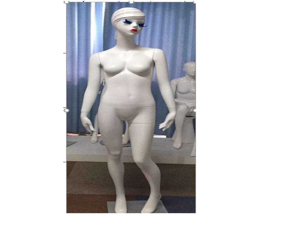 Maniquí femenino en blanco mate con pestañas azules y cabello esculpido