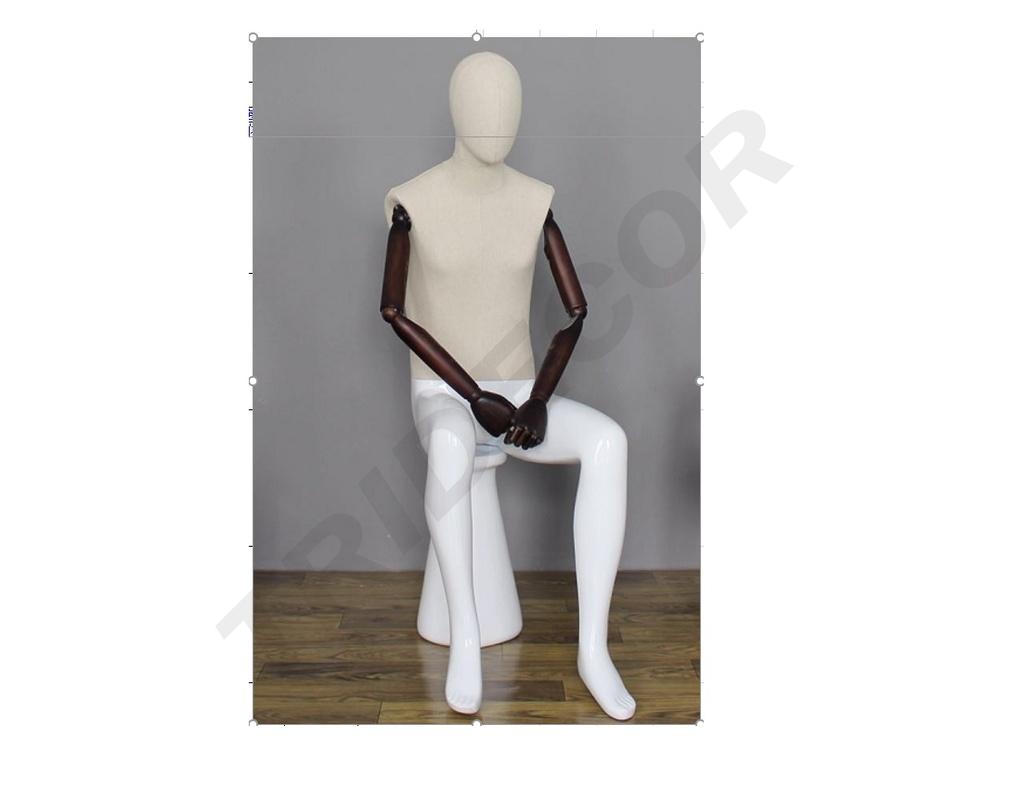 Maniquí de hombre sentado con brazos articulados de tela y fibra de vidrio blanco brillante