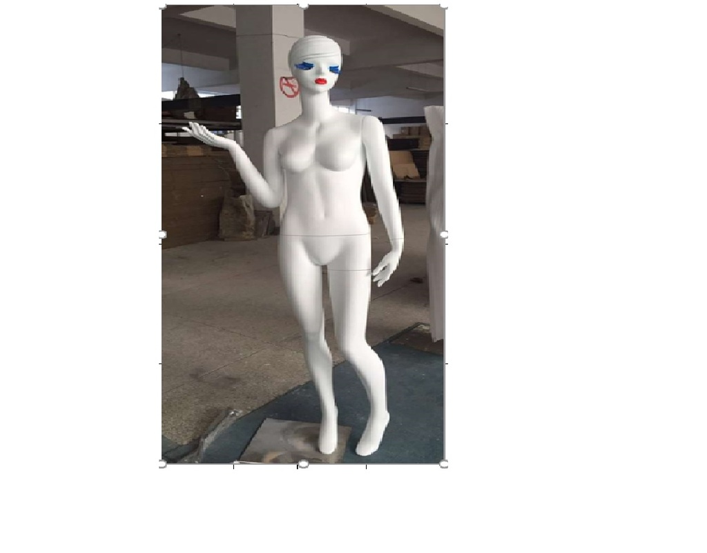 Maniquí femenino en blanco mate con pestañas azules y cabello esculpido