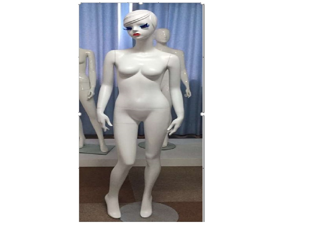 Maniquí femenino de fibra de vidrio blanco mate con pestañas azules y bios rojos