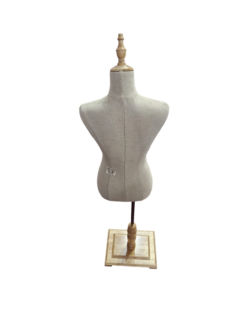 Busto de Mujer en Lino Amarillo con Copa y Base Rectangular de Madera Clara