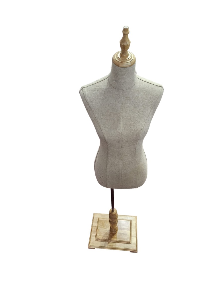 Busto de Mujer en Lino Amarillo con Copa y Base Rectangular de Madera Clara