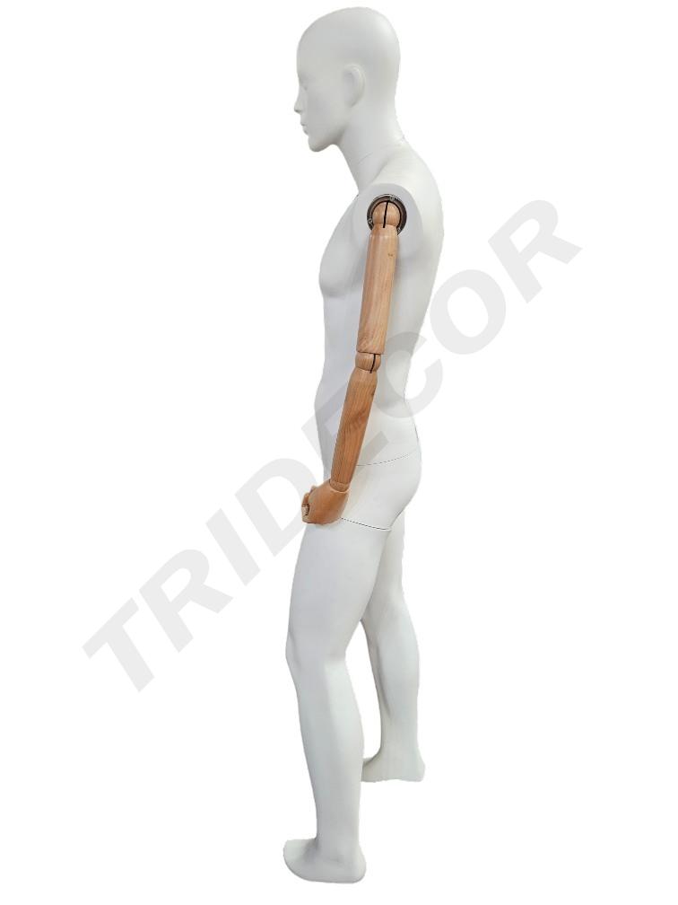 maniquí Hombre Pie Adelantado Blanco mate Brazo Claro Base Acero Inox