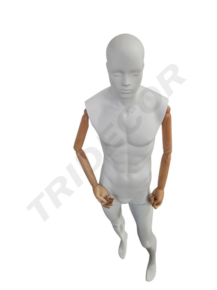 maniquí Hombre Pie Adelantado Blanco mate Brazo Claro Base Acero Inox