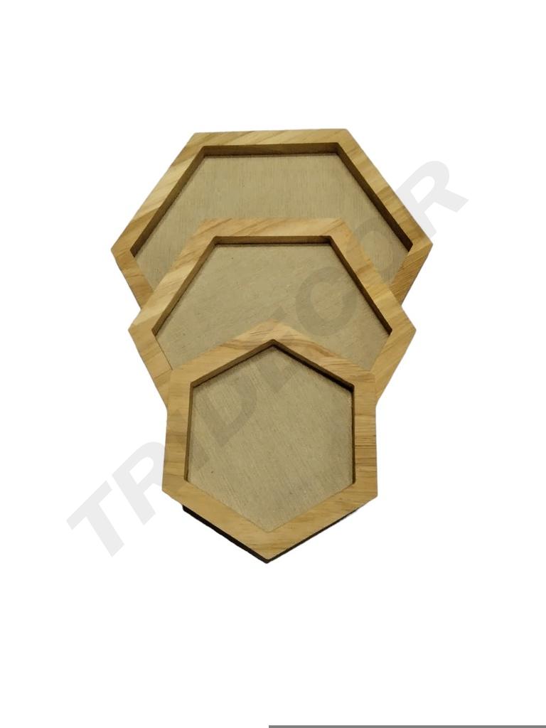 Bandeja Hexagonal Madera y Lino Juego de 3 S/M/L 