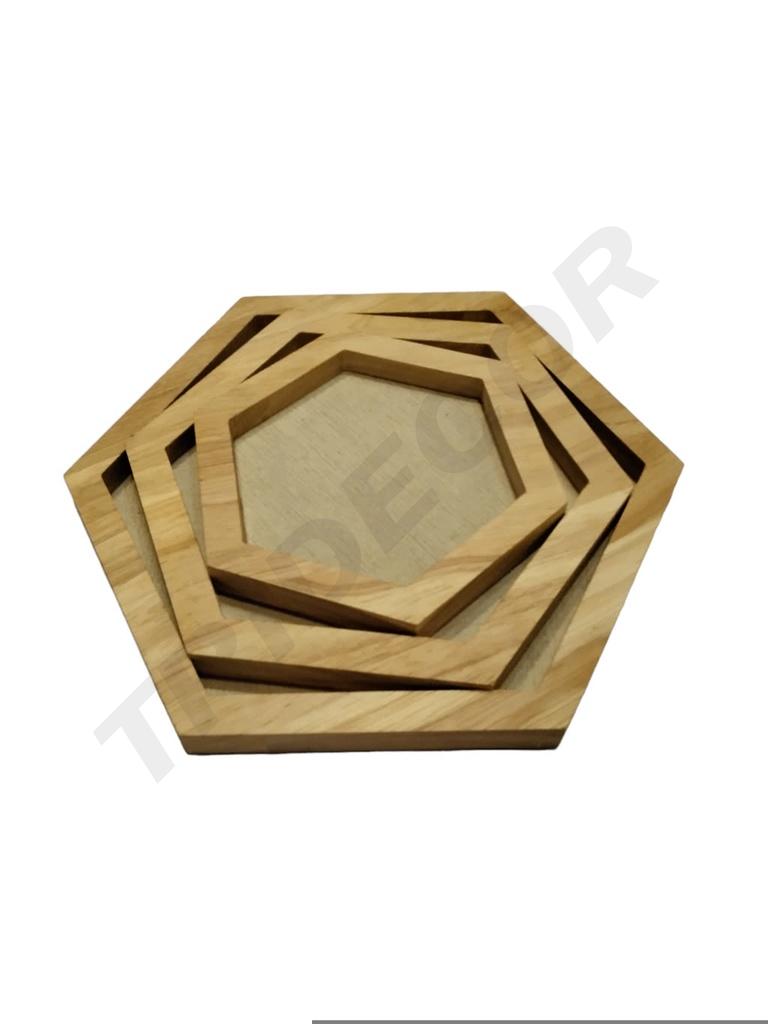 Bandeja Hexagonal Madera y Lino Juego de 3 S/M/L 