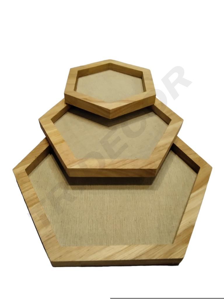 Bandeja Hexagonal Madera y Lino Juego de 3 S/M/L 