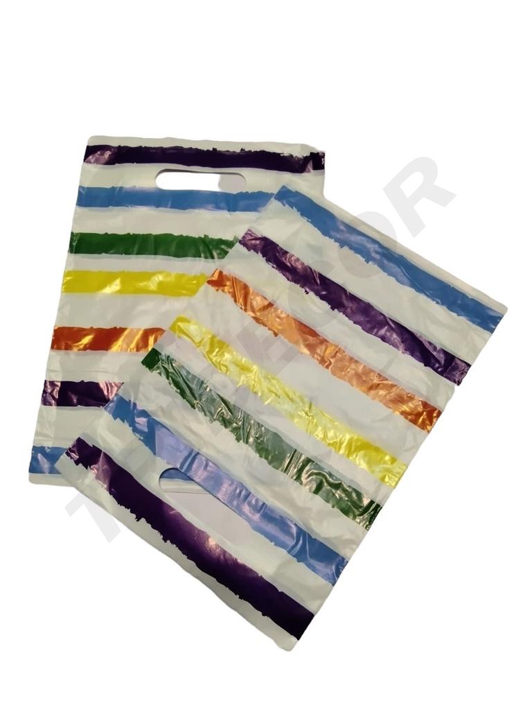Bolsa de plástico con asa troquelada arcoíris 50x60 cm 100/ud 5paq/caja
