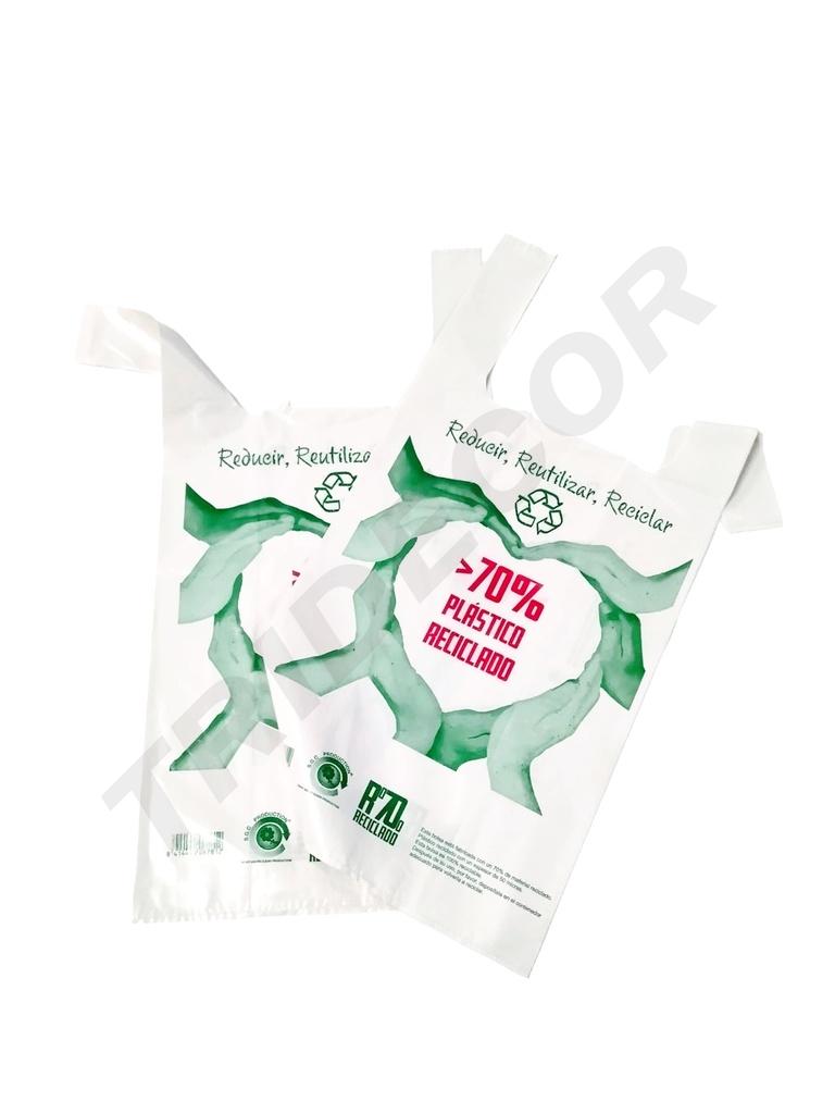 Bolsa de plástico estilo camiseta blanca con logo, 70% reciclada, 42X53 cm