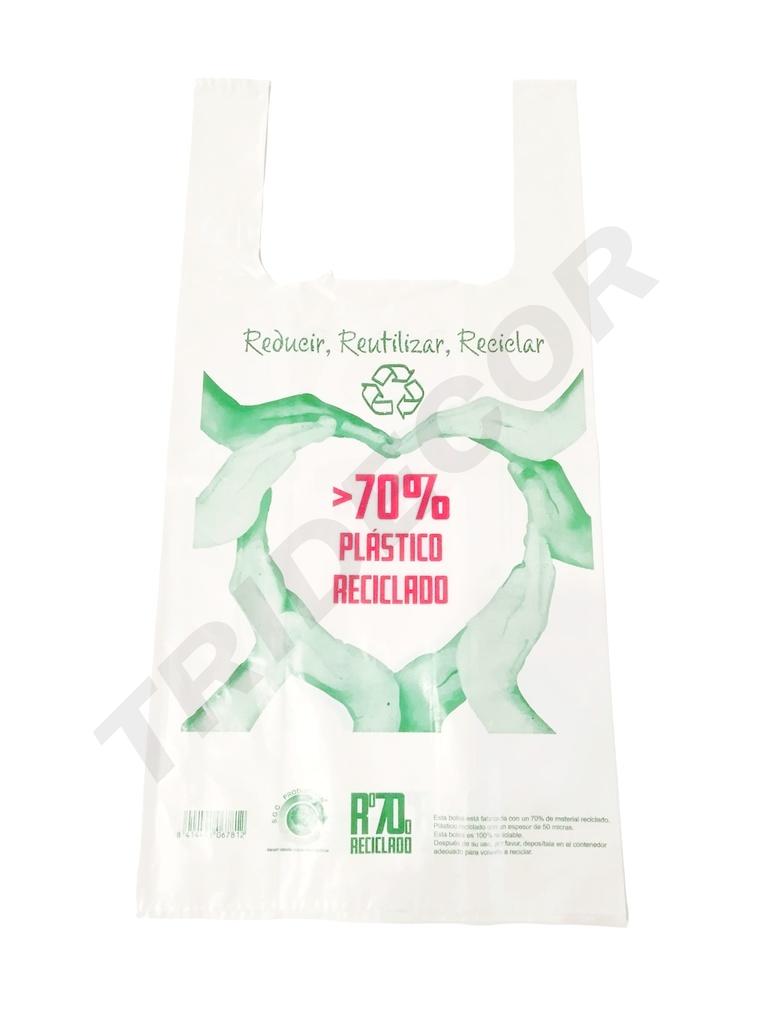 Bolsa de plástico estilo camiseta blanca con logo, 70% reciclada, 42X53 cm