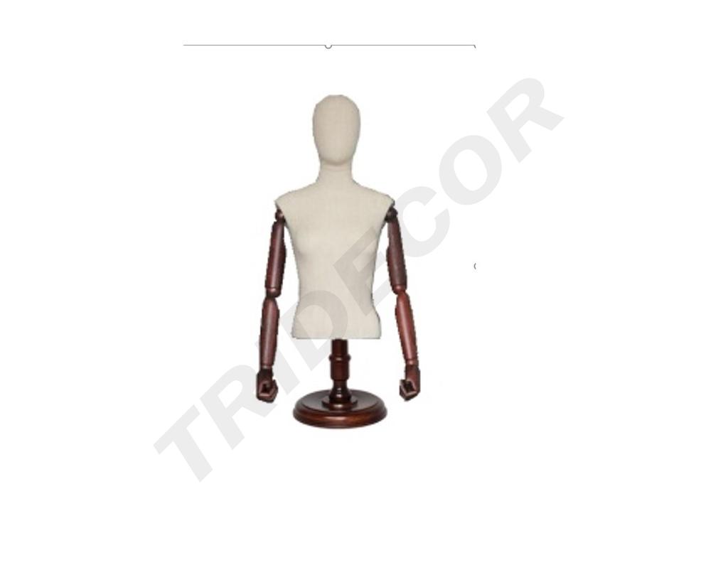Buste de femme en lin à tête articulée, bras et socle en bois