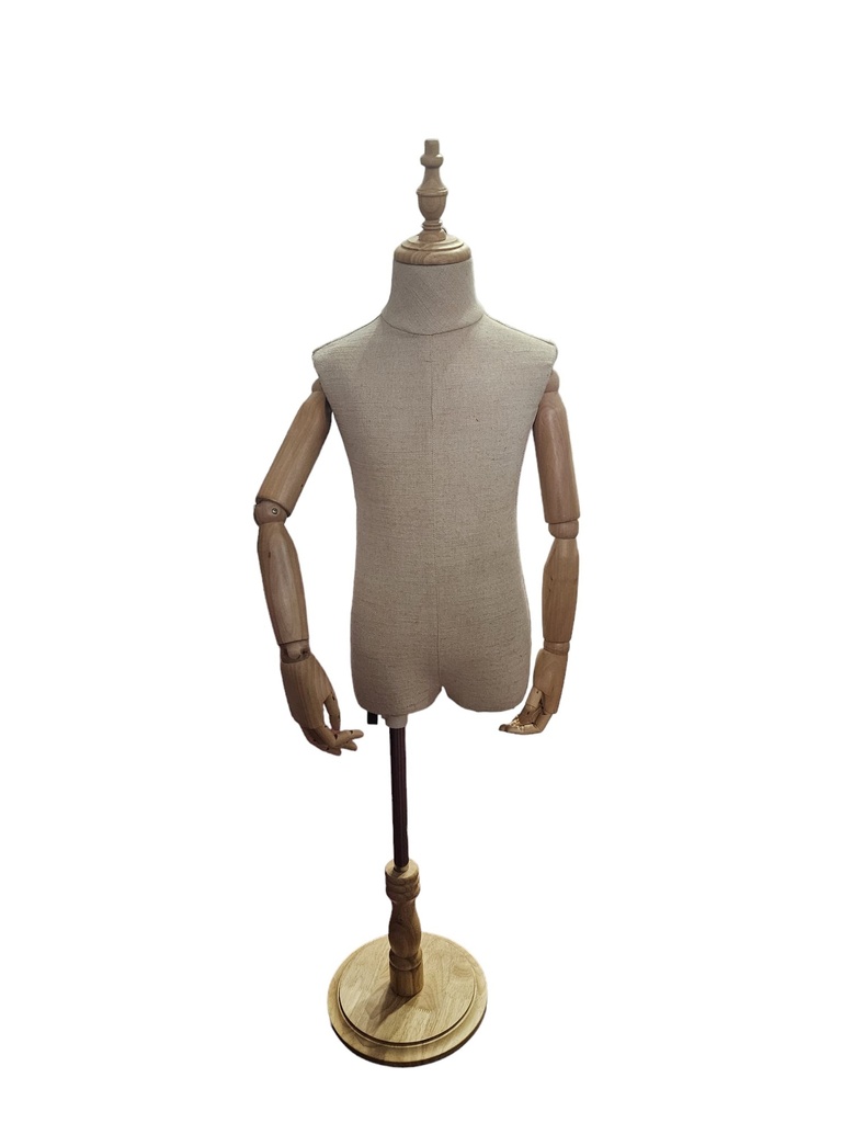 Child Bust in Fabric with Articulated Arm Cup and Round Light Wood Base